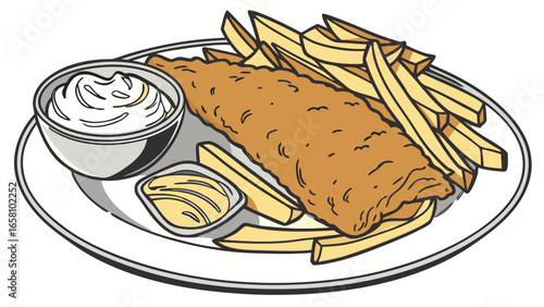 Delicious fish and chips served on a plate with tartar sauce and mustard, a classic fried seafood dish with potato fries, perfect for lunch or dinner