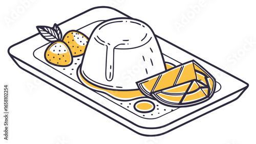 Delicious panna cotta dessert with fresh citrus and berries on a plate in a vector illustration, perfect for culinary themes and dessert menus