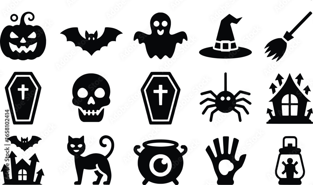 Obraz premium Collection of halloween icons and symbols in silhouette style