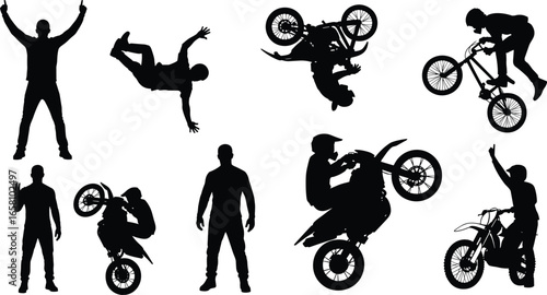 Motorbike stunt rider silhouette collection, extreme sports vector illustration with bikers performing jumps, tricks, freestyle moves, motorcycle action artwork, adventurous lifestyle design