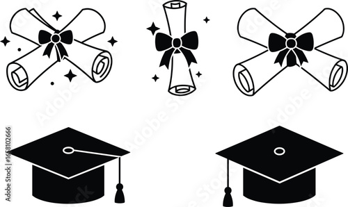 Graduation diploma and cap icon set, black and white academic vector illustration, education success symbols for certificates, universities, schools