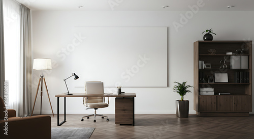 Modern minimalist office workspace with wooden desk, chair, and bookshelf.