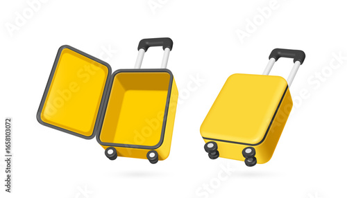 Two yellow suitcases or luggage or in perspective view, first one open showing empty inside and second one closed, vector 3d illustration isolated on white background for travel advertising design