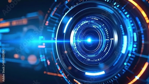 Abstract science fiction background with a glowing futuristic cybernetic camera lens and digital interface