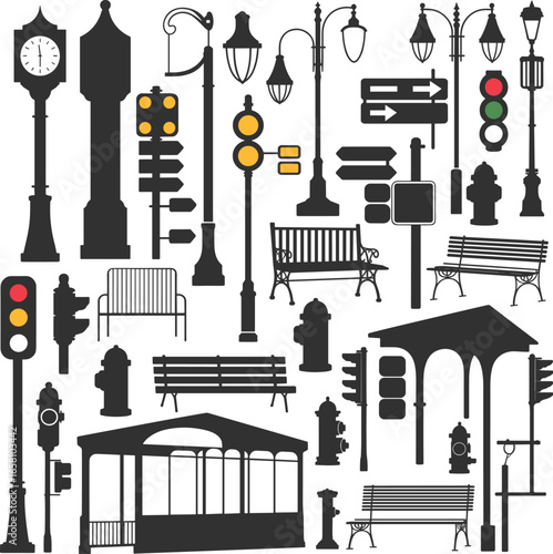 Urban street furniture collection, traffic lights, benches, lamp posts, clock tower, road signs, fire hydrants, public transport shelter, city infrastructure