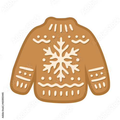 Festive gingerbread cookie shaped like a winter sweater with white icing snowflake decoration.