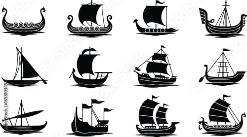 Collection of diverse historical sailing ships and boats in black and white graphic style