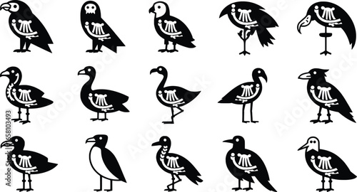 Collection of stylized black and white bird skeletons in various poses