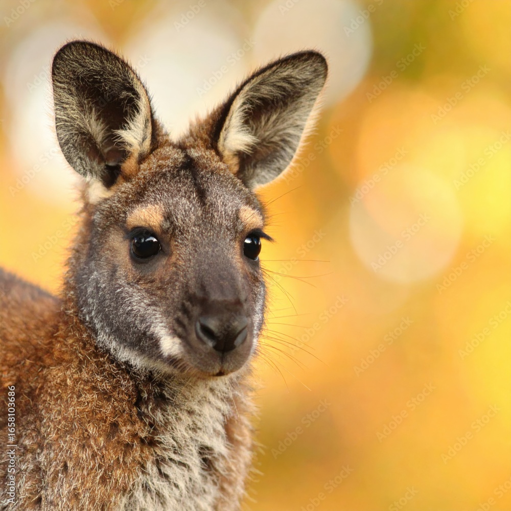 Fototapeta premium a curious wallaby with adorable expression looks at camera. A close-up portrait captures the wallaby's soft fur and unique features