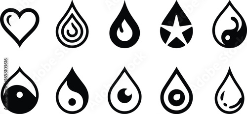 Collection of stylized water drop icons with various symbols inside