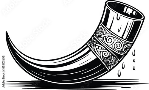 Vintage viking drinking horn with ornate band and dripping liquid