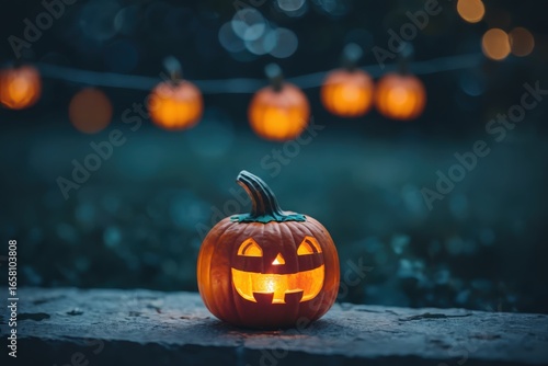 halloween jack-o’-lantern pumpkin with warm candlelight and bokeh lights