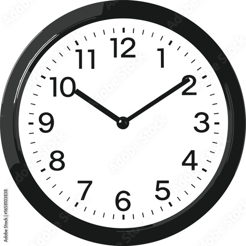 Modern wall clock with black frame and white background showing 10:10 time, isolated on white, ideal for time concepts