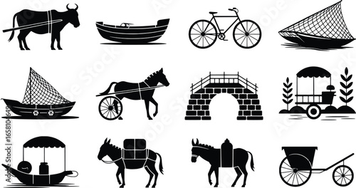 Collection of traditional transportation and rural life silhouettes