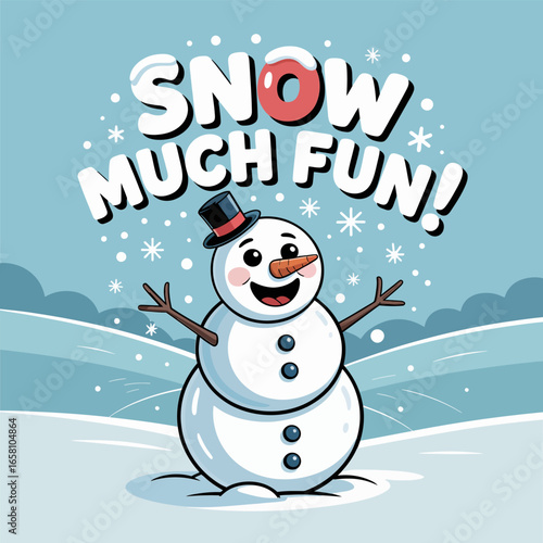 Snow much fun snowman laughing on snowy hills simple winter background Christmas vector illustration for greeting cards posters printable