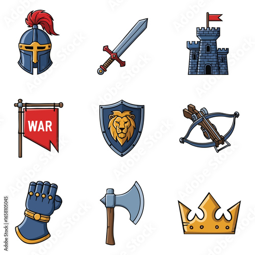 A collection of medieval warfare icons including a helmet, sword, castle, banner, shield, crossbow, gauntlet, axe, and crown.