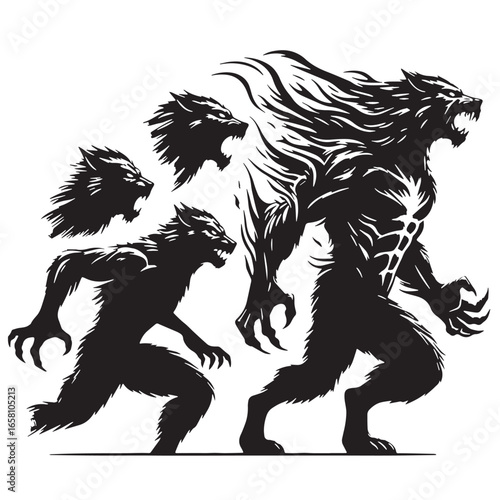 black Werewolf transformation  Silhouette Vector, High Quality Illustration on White Background