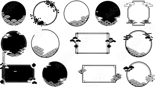 "Vector pack of traditional Japanese-inspired frames in red and gold, circular and rectangular shapes."