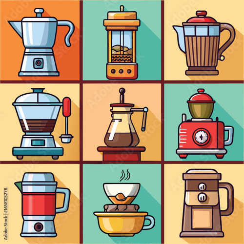 Coffee Brewing Methods Icon Set. A vector collection of barista tools for cafe menus, branding, and infographics
