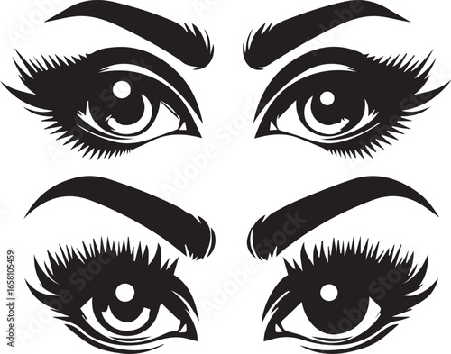 A pair of stylized eyes with thick lashes and eyebrows in a symmetrical graphic representation design on transparent background silhouette