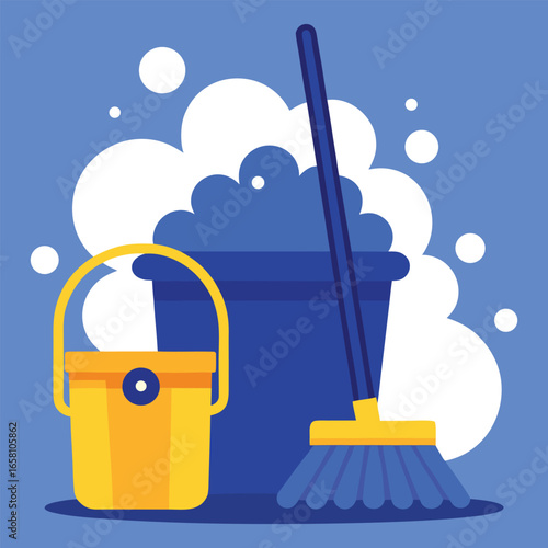 A bright and cheerful flat illustration featuring a yellow bucket and a blue mop with a full bucket of sudsy water perfect for cleaning service concepts