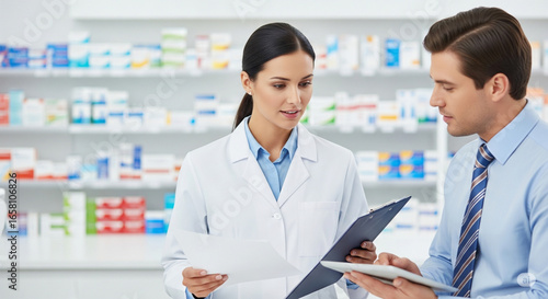 Professional Pharmacist Providing Consultation to a Patient in a Modern Pharmacy