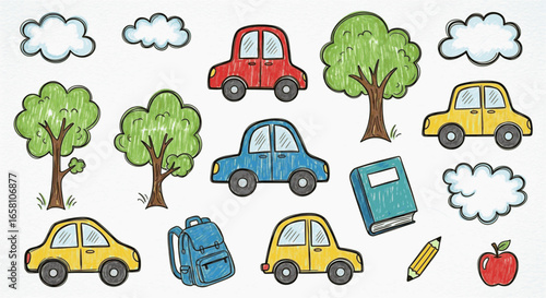 "Vector illustration of doodle elements: cars, trees, clouds, and school items, crayon hand-drawn effect."