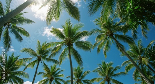 Wallpaper Mural Lush palm crowns reaching sunlight in blue backdrop Torontodigital.ca