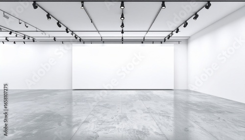 Empty gallery space with spotlights and a large blank canvas ready for artwork