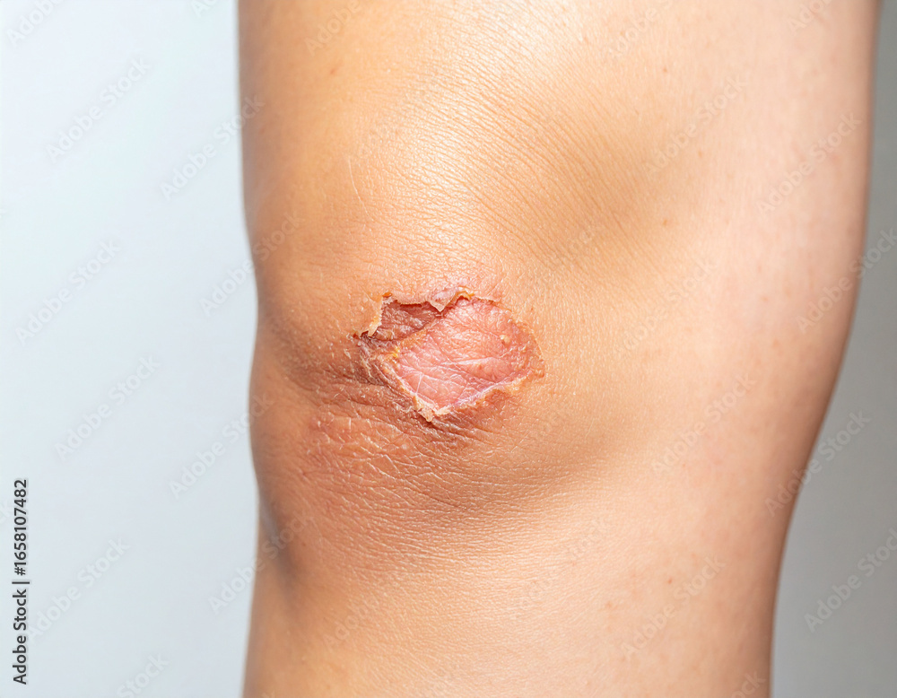 Fototapeta premium Close-up of a Human Knee with a Wound and Healing Skin, Isolated on White Background.