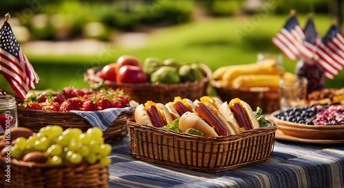 A vibrant and colorful table set with an array of red, white, and blue-themed food items for the 4th of July party in America. 