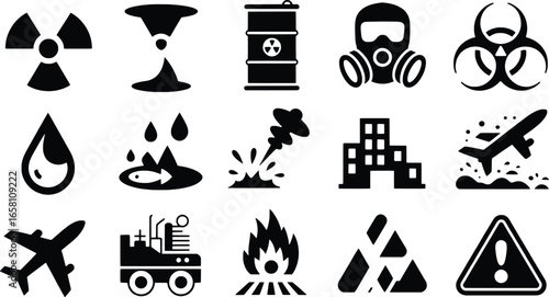 Collection of hazard and safety warning symbols and icons