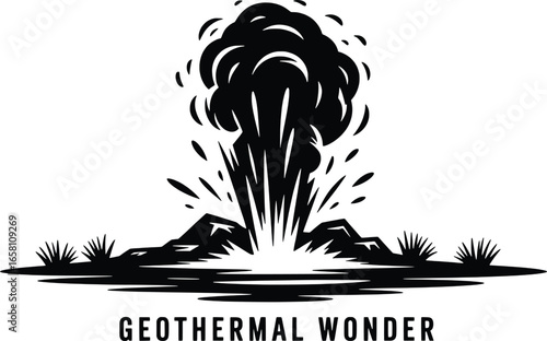 Silhouette of a geyser erupting with steam and water