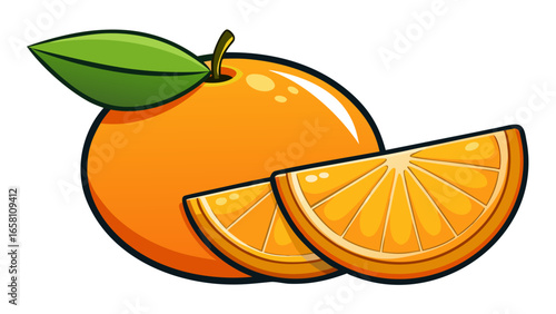 fresh orange fruit with slices displayed on a white background