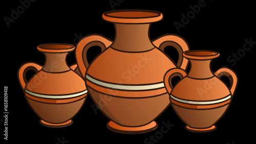 3D terracotta clay pots in different shapes and sizes, traditional style on black background. Vector illustration.