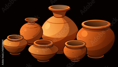 3D terracotta clay pots in different shapes and sizes, traditional style on black background. Vector illustration.