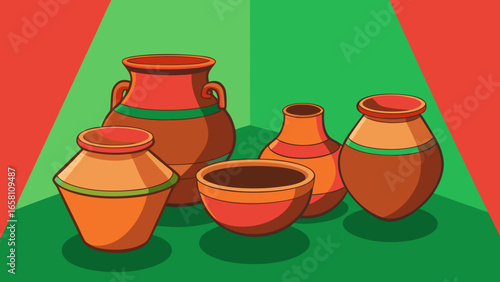 3D terracotta clay pots in different shapes and sizes, traditional style on green background. Vector illustration.