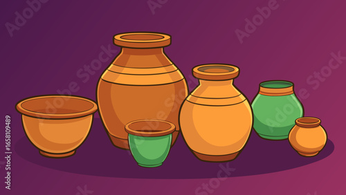 3D terracotta clay pots in different shapes and sizes, traditional style on purple background. Vector illustration.