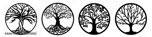 Baum des Lebens, Tree of Life, 4 Bäume des Lebens, lasercut, Trees, black on white background, vector, 4 symbols, engraving, wood laser cut, leaf