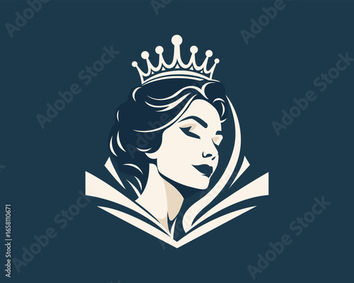 Elegant woman with a crown, depicted in a stylized, vintage-inspired illustration against a dark background.