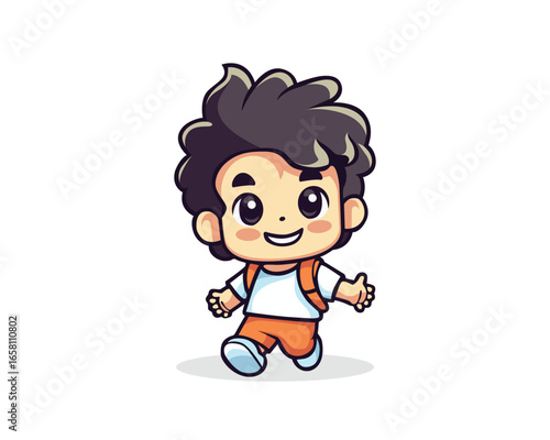 A cheerful cartoon boy with a backpack joyfully walks, ready for adventure.