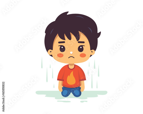 Sad boy sits alone in the rain, feeling dejected and forlorn.