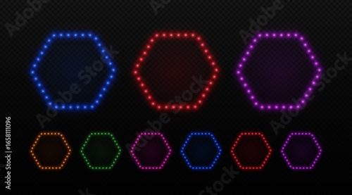 Hexagon light neon bulbs frame. Border with led glow of lamps for advertising cinema, show and casino. Vector set of retro elements in blue, purple and green.