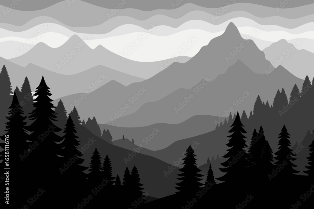 Fototapeta premium Monochromatic mountain landscape with evergreen forest silhouette