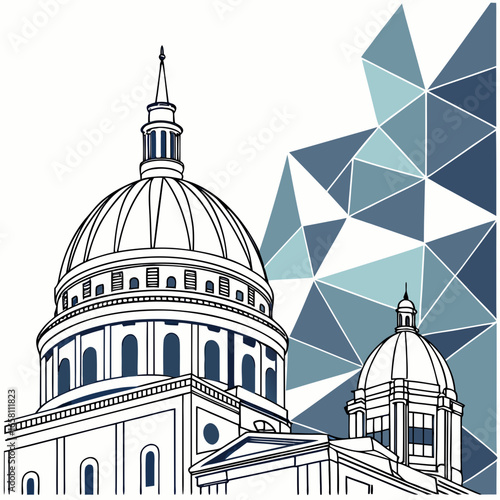 Illustration of a capitol building with a dome and geometric shapes