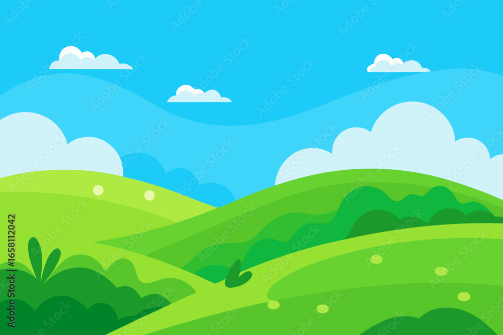 Fototapeta premium Vibrant green hills under a bright blue sky with fluffy clouds