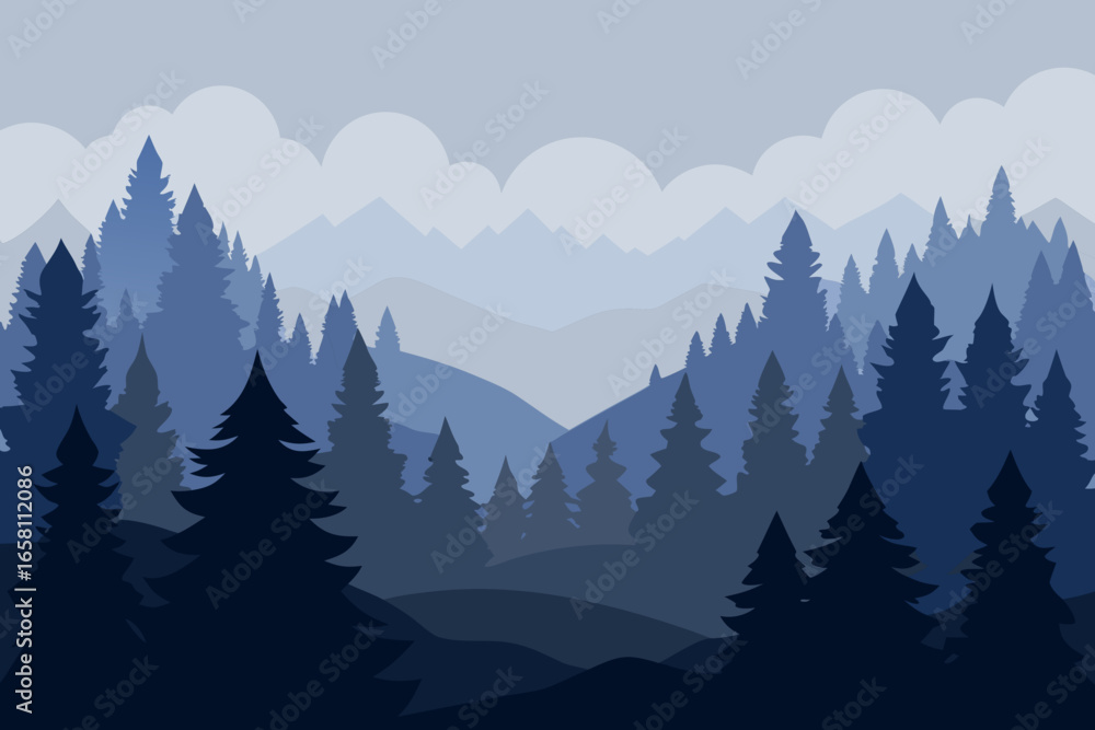 Fototapeta premium Serene blue forest landscape with layered mountains and clouds