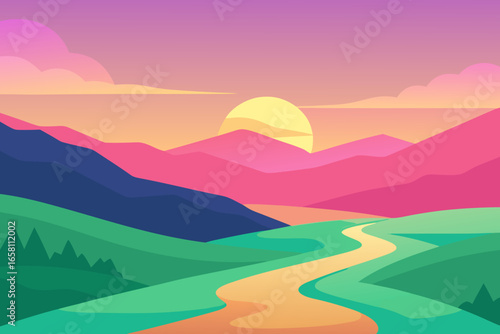 Vibrant sunset over rolling hills and winding path