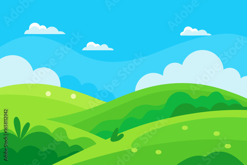 Vibrant green hills under a bright blue sky with fluffy clouds
