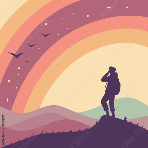 Vector art of a silhouette of a man stands atop a mountain, gazing at a rainbow and stars, representing vision and the beauty of nature